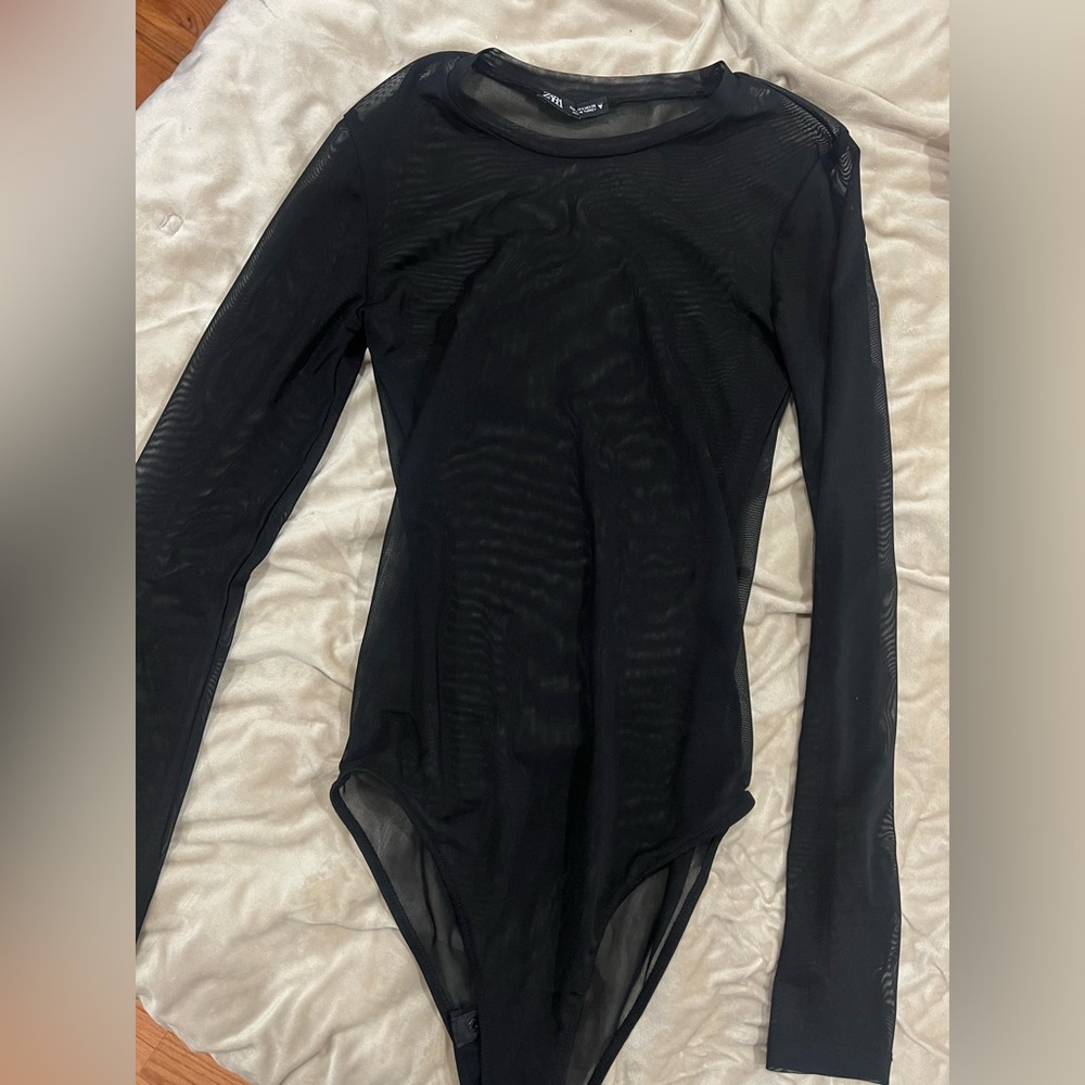 Zara Black Sheer Long Sleeve Bodysuit